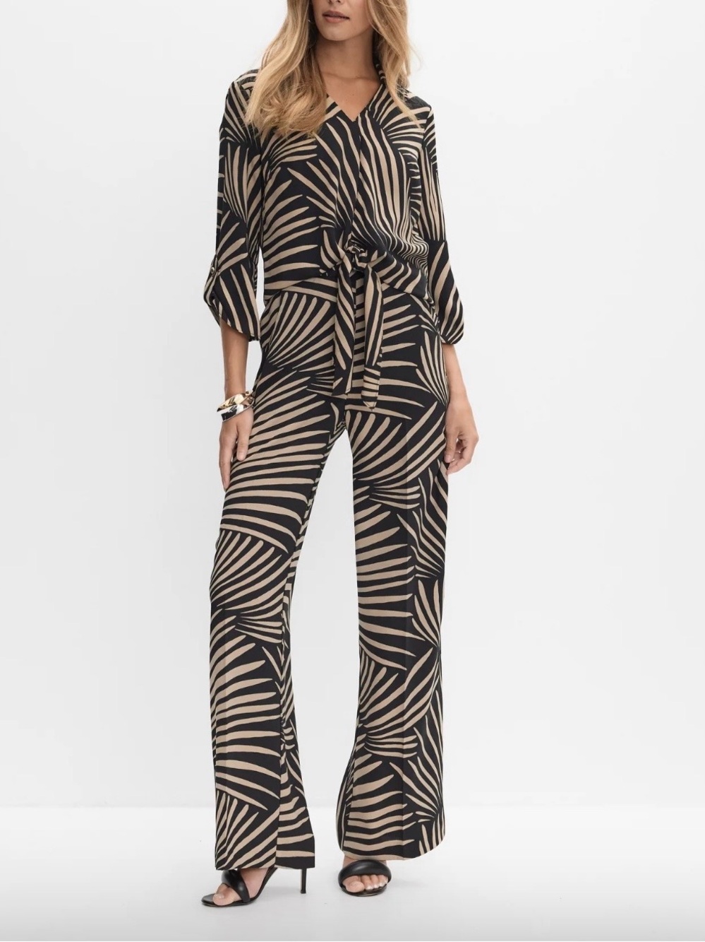 Joseph Ribkoff Black and Tan Palm-Leaf Print Wide-Leg 2-Piece Set SZ.8